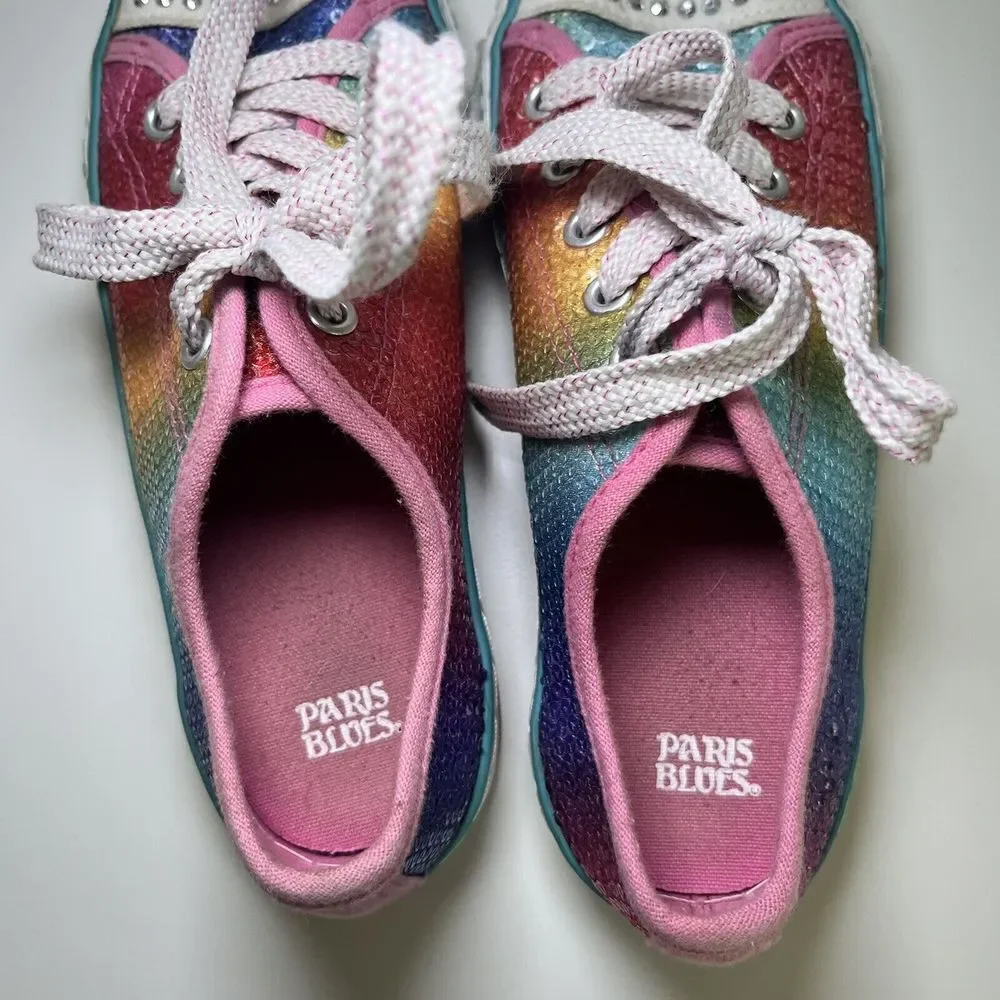 Paris Blues Sequin Rainbow Rhinestone Heart Sneakers Shoes Lace Up Girls Flats 1
